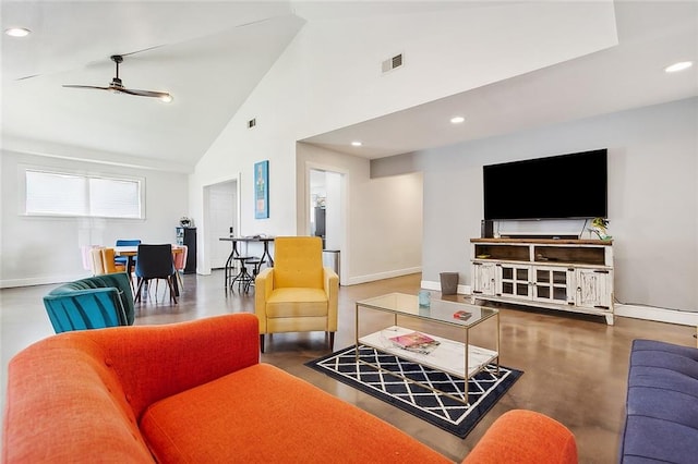 living room with high vaulted ceiling and ceiling fan