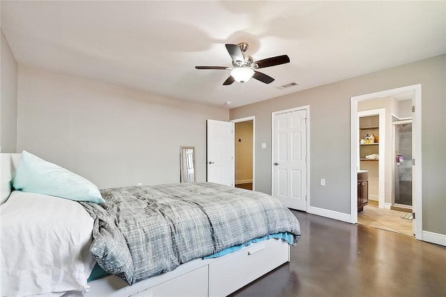 bedroom featuring connected bathroom, ceiling fan, and a closet