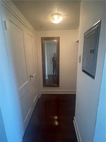 corridor featuring electric panel and dark hardwood / wood-style floors