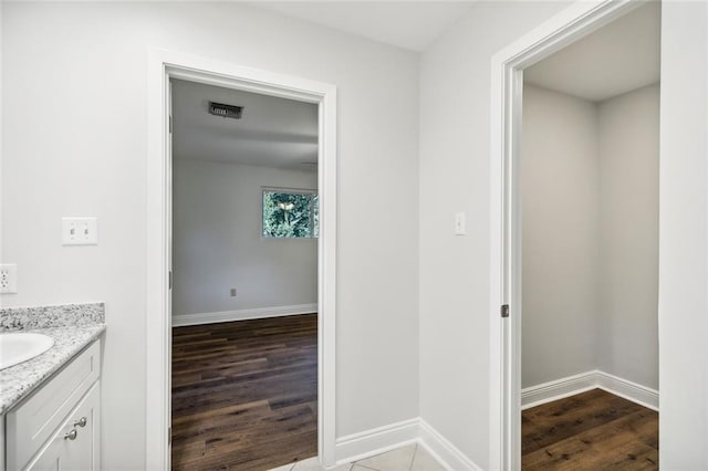 bathroom with wood-type flooring and vanity