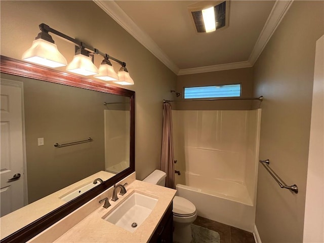 full bathroom with vanity, toilet, crown molding, and bathtub / shower combination