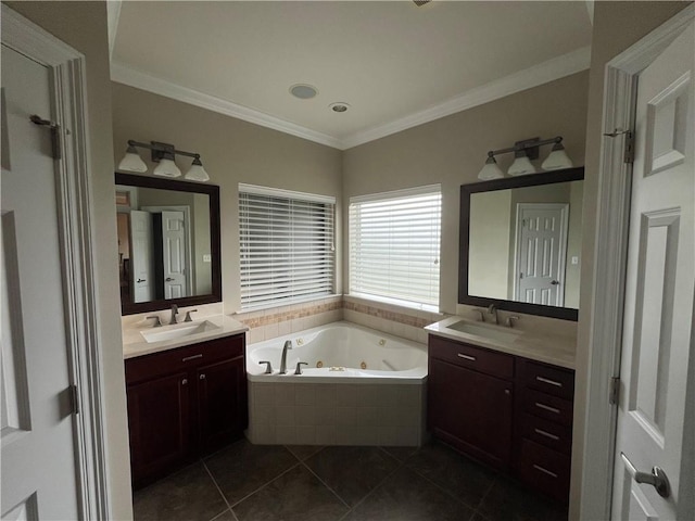 bathroom with tile patterned flooring, vanity, a relaxing tiled tub, and ornamental molding