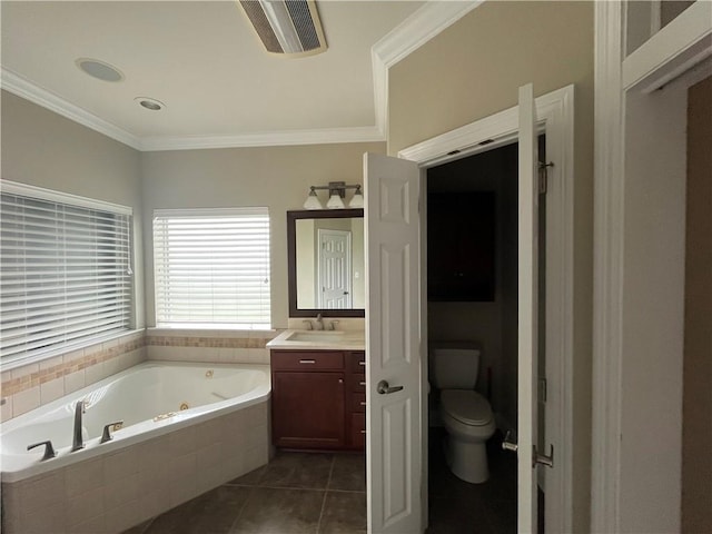 bathroom with a relaxing tiled tub, tile patterned floors, crown molding, toilet, and vanity