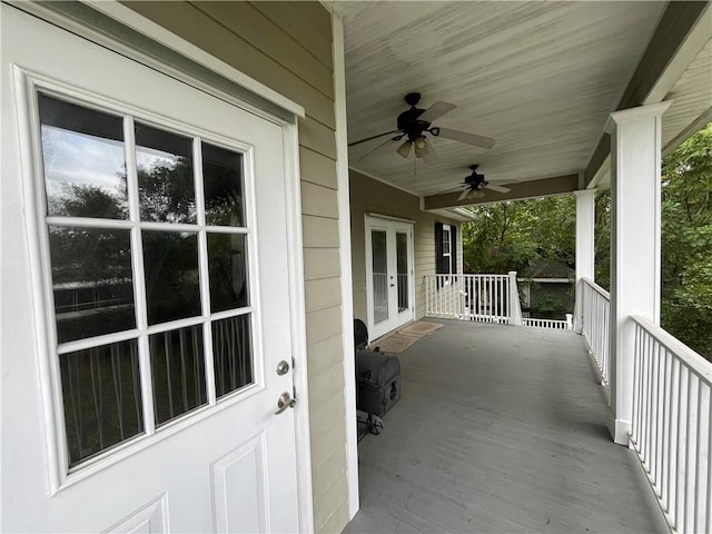 view of patio / terrace featuring ceiling fan and covered porch