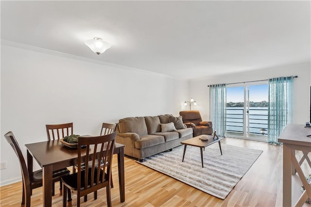 living room with wood-type flooring and crown molding