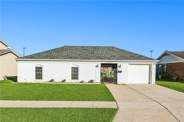 ranch-style home featuring a garage and a front yard