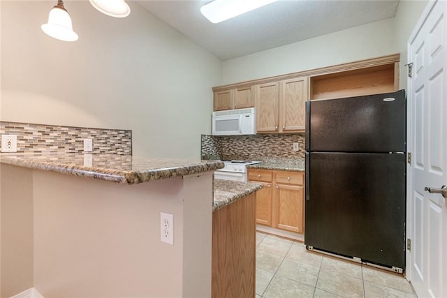 kitchen featuring white appliances, backsplash, light tile patterned floors, light stone counters, and kitchen peninsula