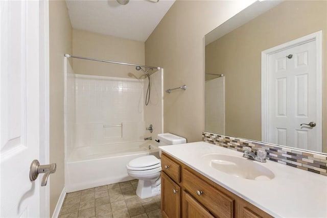 full bathroom with backsplash, vanity, shower / tub combination, and toilet