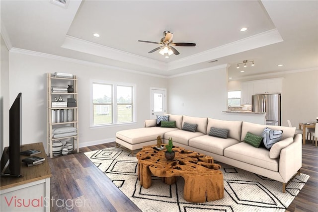 living room featuring a tray ceiling and ornamental molding