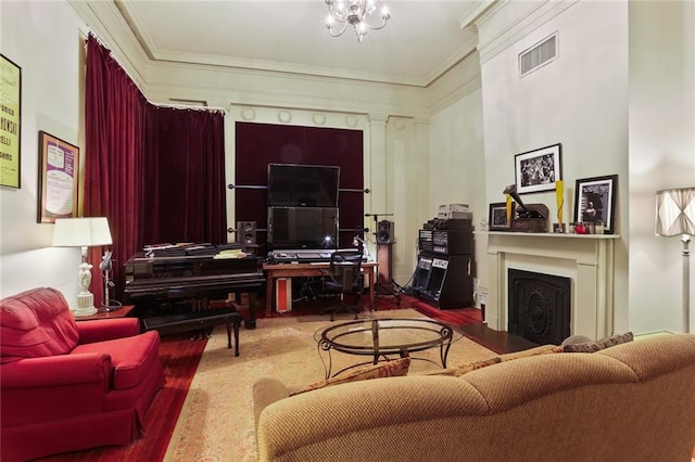 living room featuring wood-type flooring and crown molding