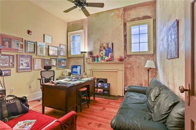 office featuring ceiling fan and hardwood / wood-style floors