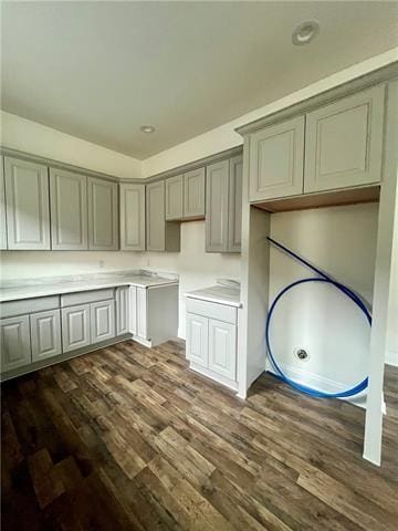 washroom with dark hardwood / wood-style floors and cabinets