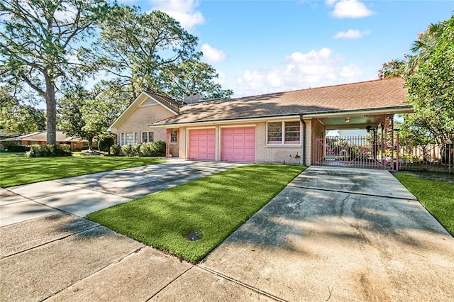 single story home with a front yard and a garage