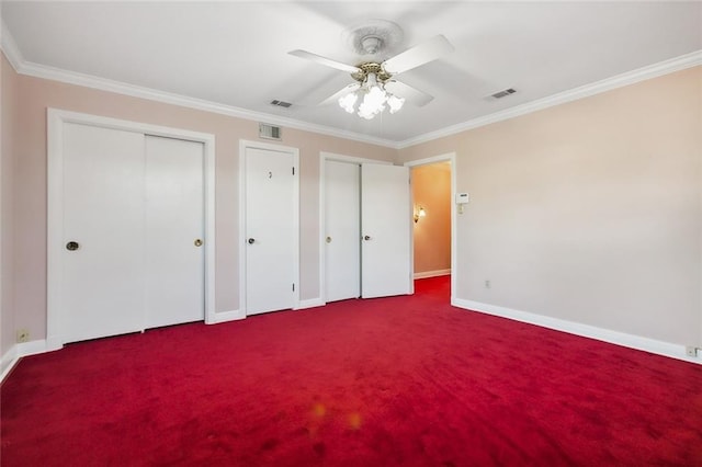 unfurnished bedroom with carpet flooring, ceiling fan, and ornamental molding