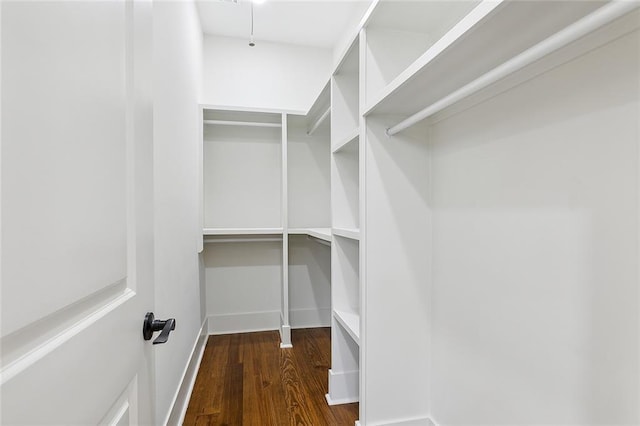 walk in closet with dark wood-type flooring