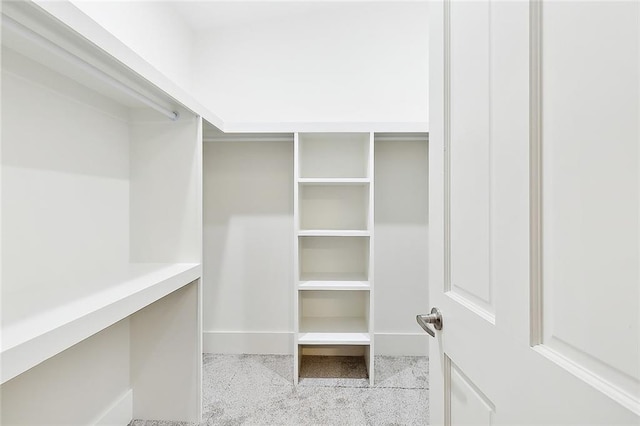 walk in closet featuring light colored carpet