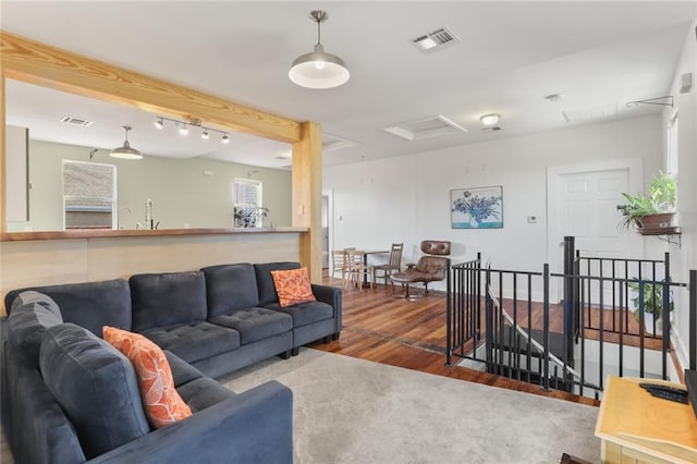 living room with dark hardwood / wood-style flooring and rail lighting