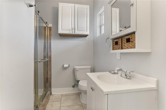 bathroom with tile patterned flooring, vanity, an enclosed shower, and toilet