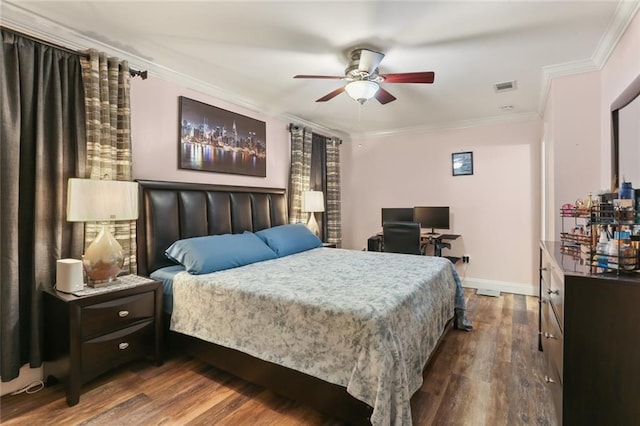 bedroom featuring wood-type flooring, ceiling fan, and crown molding