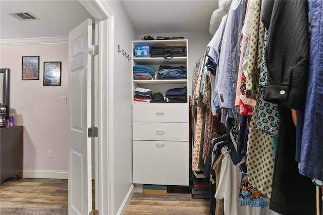 walk in closet with light wood-type flooring