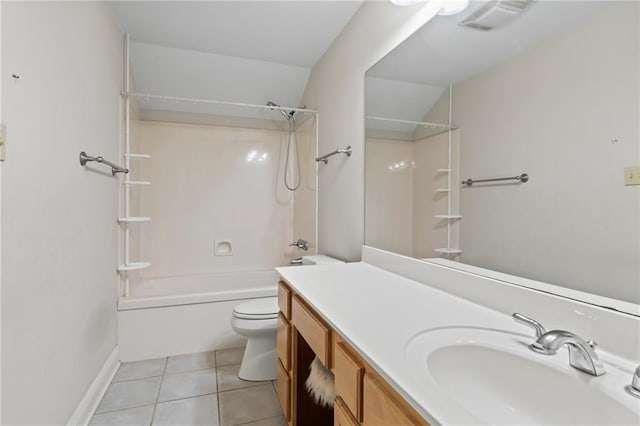 full bathroom featuring vanity, lofted ceiling, tile patterned flooring, toilet, and shower / bath combination