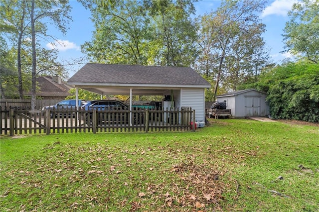 view of yard featuring a carport and a storage unit