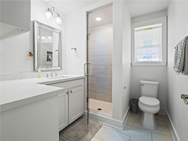 bathroom featuring tile patterned flooring, vanity, toilet, and an enclosed shower