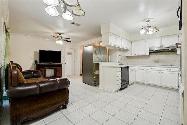 kitchen with black dishwasher, white cabinetry, stainless steel refrigerator, and sink