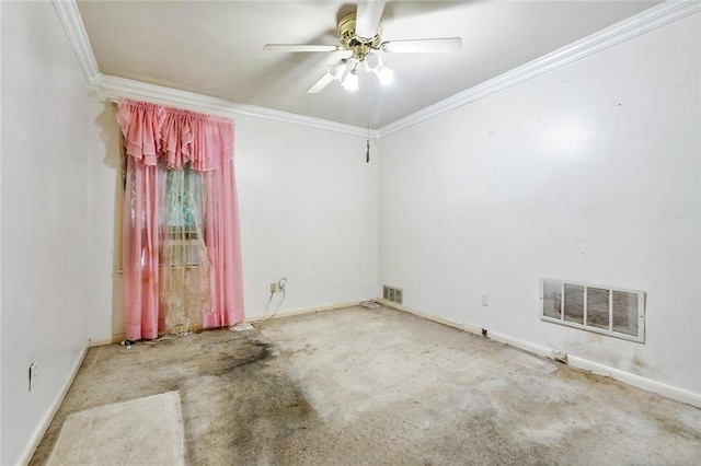 empty room featuring crown molding and ceiling fan