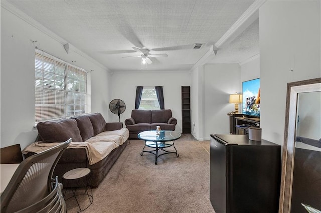 carpeted living room with ceiling fan, a textured ceiling, and ornamental molding