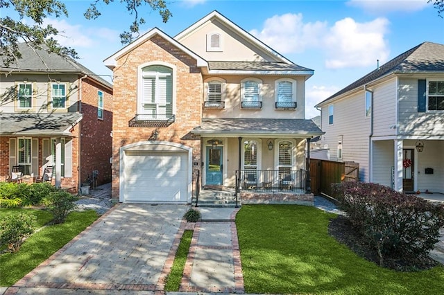 view of property featuring a porch, a front yard, and a garage