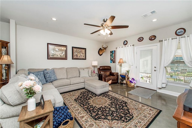 living room with ceiling fan