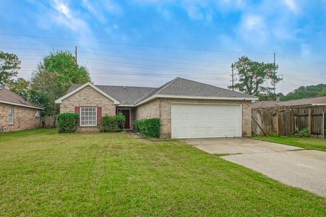 ranch-style house with a garage and a front lawn