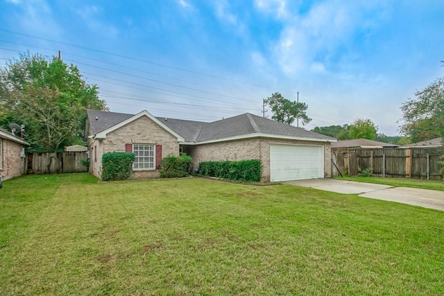 ranch-style house with a garage and a front lawn