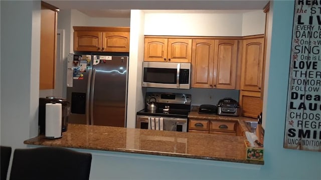 kitchen with stainless steel appliances and dark stone counters