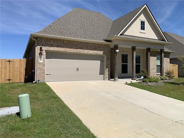 view of front facade featuring covered porch, a garage, and a front lawn