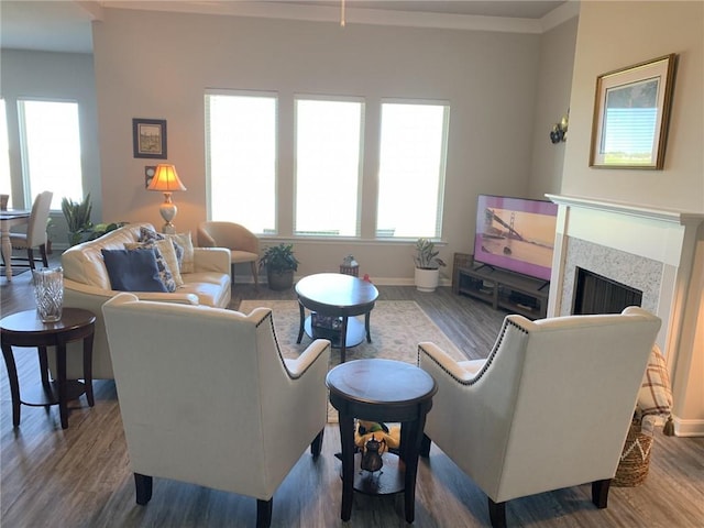 living room featuring ornamental molding and hardwood / wood-style flooring