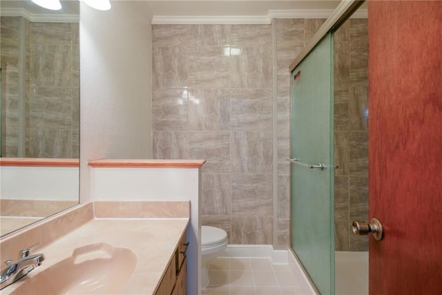 bathroom featuring toilet, tile patterned floors, an enclosed shower, and ornamental molding