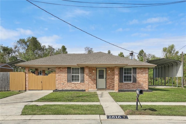 single story home featuring a carport and a front yard