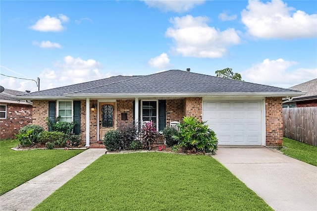 ranch-style house with covered porch, a front yard, and a garage