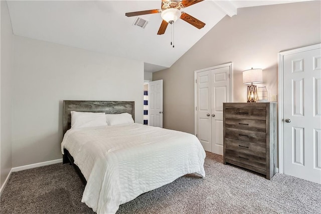 carpeted bedroom featuring ceiling fan and lofted ceiling with beams