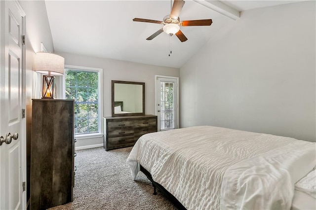 carpeted bedroom with access to exterior, lofted ceiling with beams, and ceiling fan