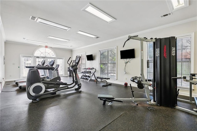 workout area with crown molding