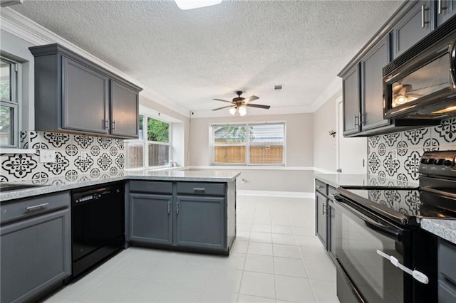 kitchen with ceiling fan, kitchen peninsula, gray cabinets, black appliances, and ornamental molding