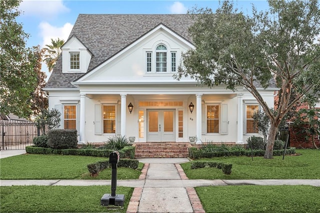 view of front facade featuring french doors, covered porch, and a front yard