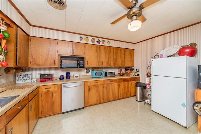 kitchen with white appliances, ceiling fan, and ornamental molding