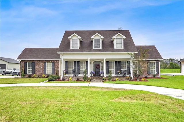 cape cod home featuring covered porch and a front yard