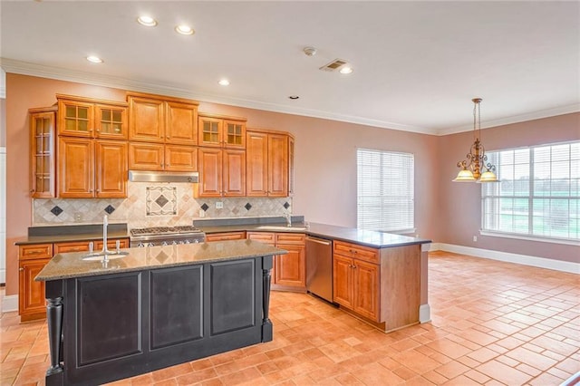 kitchen featuring sink, hanging light fixtures, stainless steel appliances, an island with sink, and a chandelier