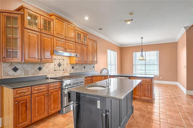 kitchen featuring pendant lighting, crown molding, sink, high end stainless steel range oven, and an island with sink