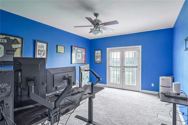 workout area with ceiling fan, light colored carpet, and french doors